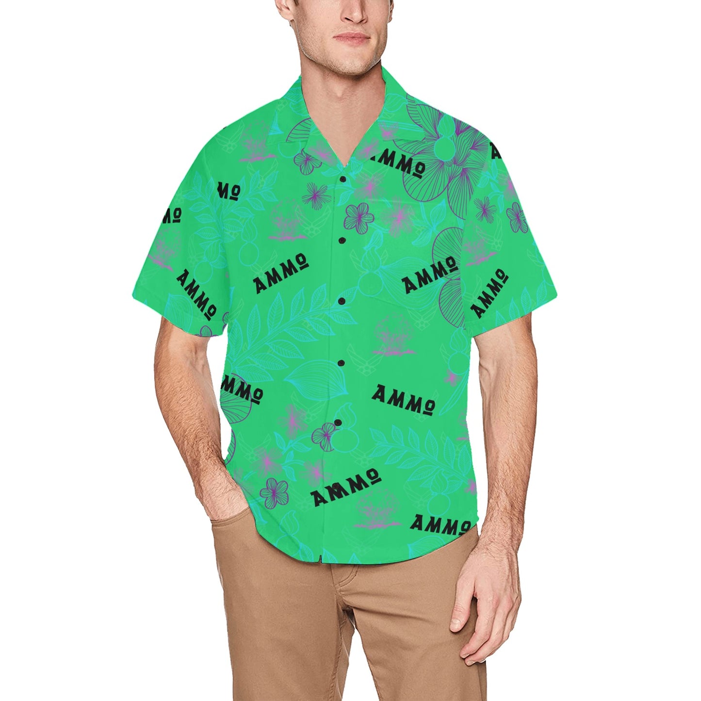 USAF AMMO Neon Green Pisspots and Subtle AF Vectors AMMO Pride Mens Hawaiian Shirt With Left Chest Pocket