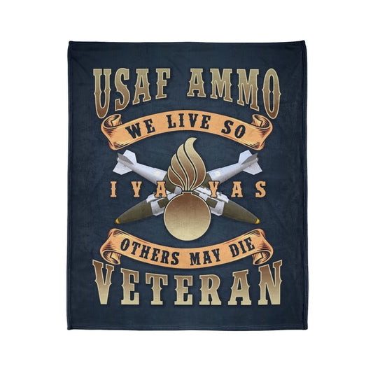 USAF AMMO Veteran We Live So Others May Die IYAAYAS Pisspot Vintage Scrolls and Crossed JDAMs Soft Polyester 50" x 60" Blanket