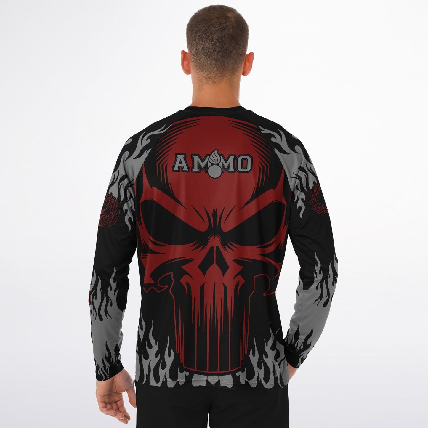 AMMO Skull Flames Black Red Grey Men's Long Sleeve Performance Shirt - All Over Print