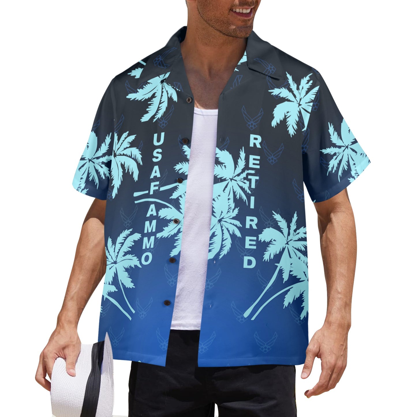 USAF AMMO Palm Trees Retired Base Names On Back Mens Hawaiian Shirt