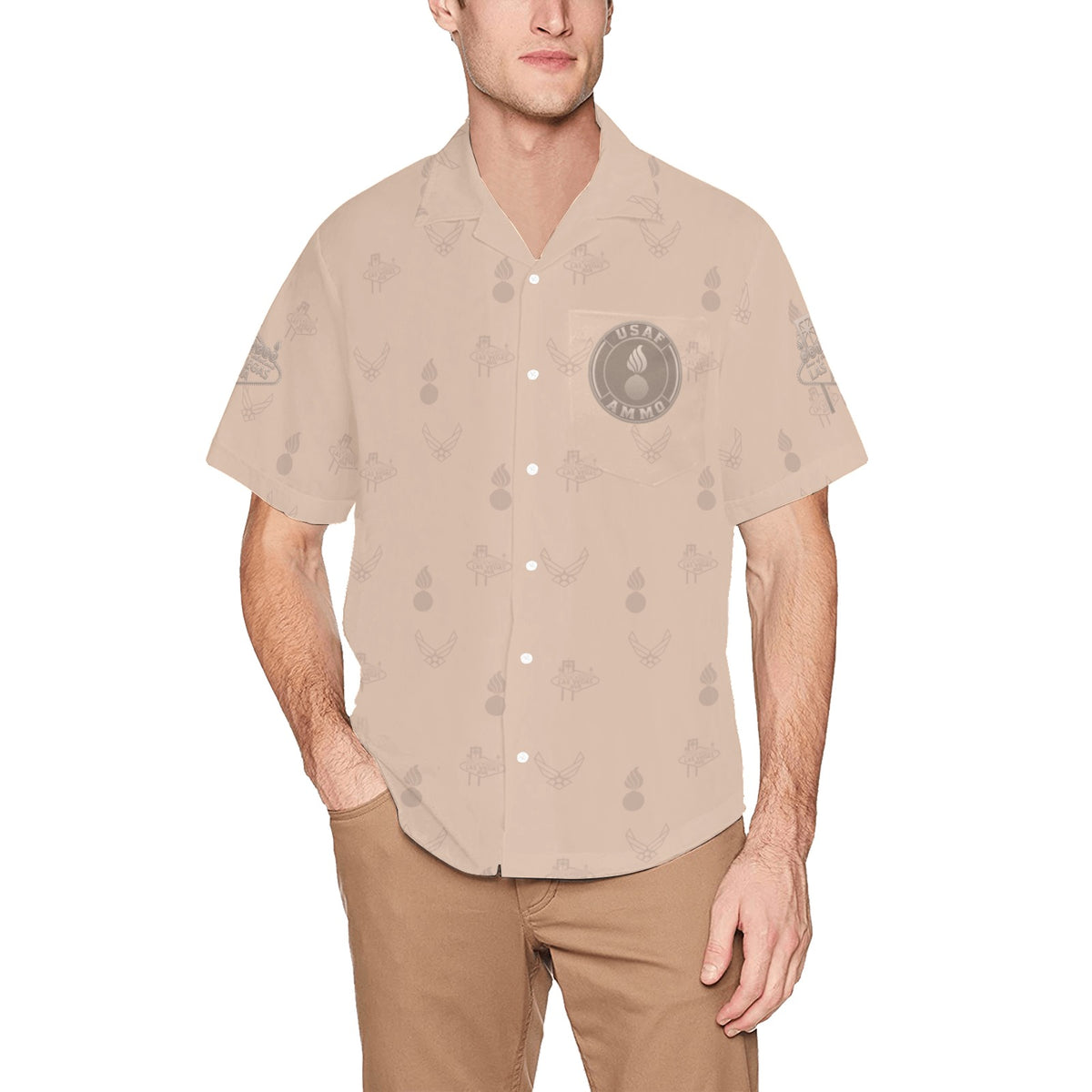 2027 AMMO Bash Las Vegas Grim Reaper Snake Eyes Sand Subdued Color Logos Men’s Hawaiian Shirt with Left Chest Pocket