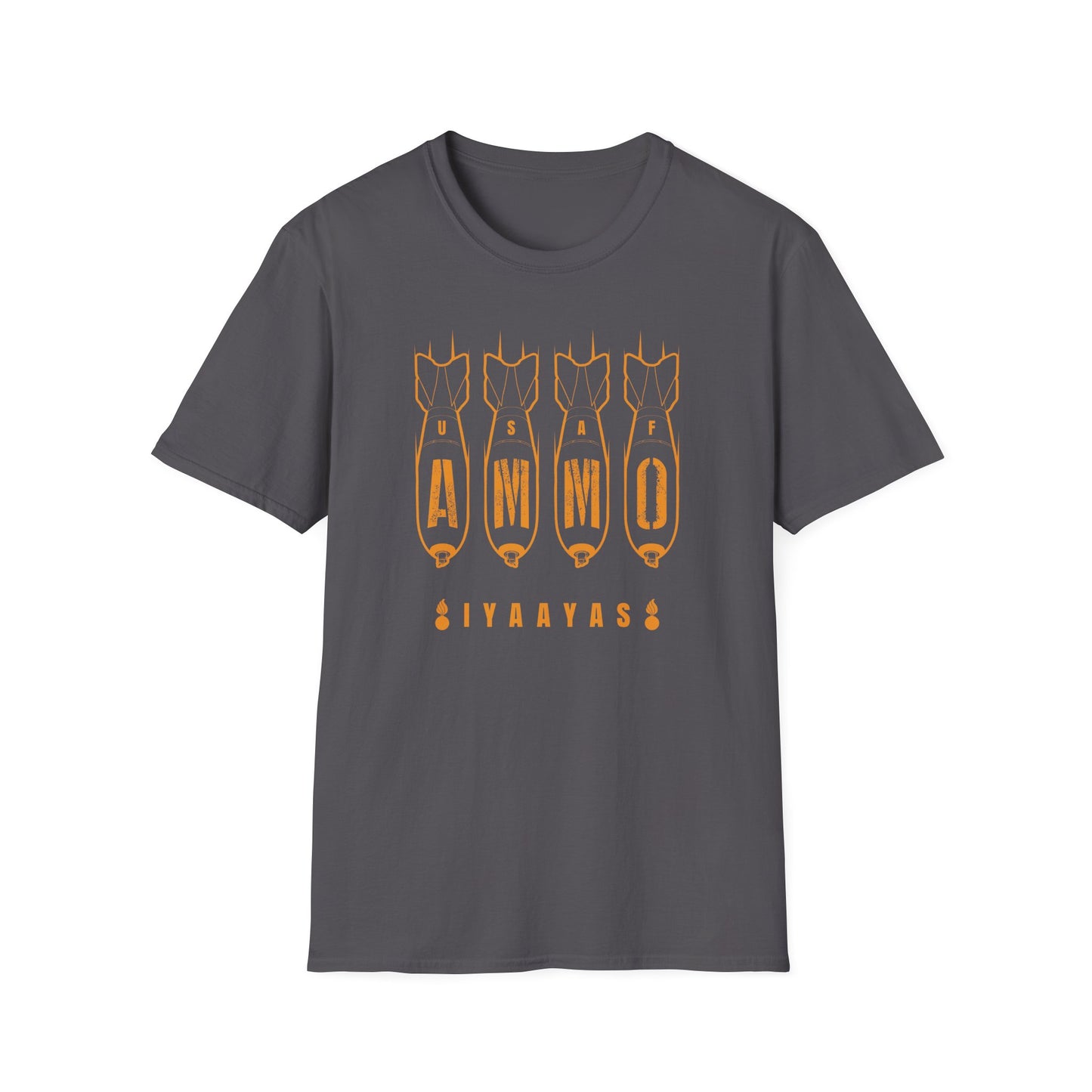 Four Bombs Dropping Spelling USAF AMMO with IYAAYAS and Two Pisspots at the Bottom Unisex Softstyle T-Shirt