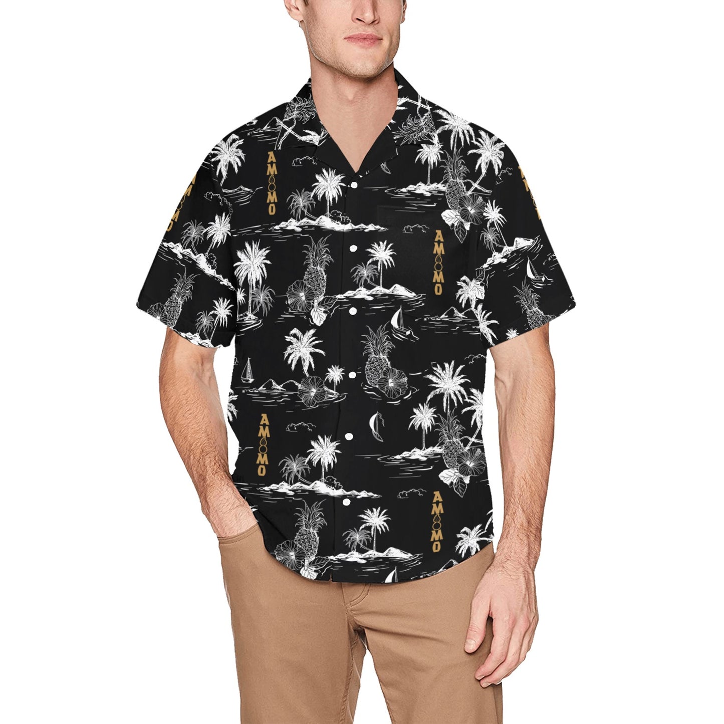Black White Vintage Beach Scene AMMO Pisspot Mens Hawaiian Shirt With Front Left Pocket