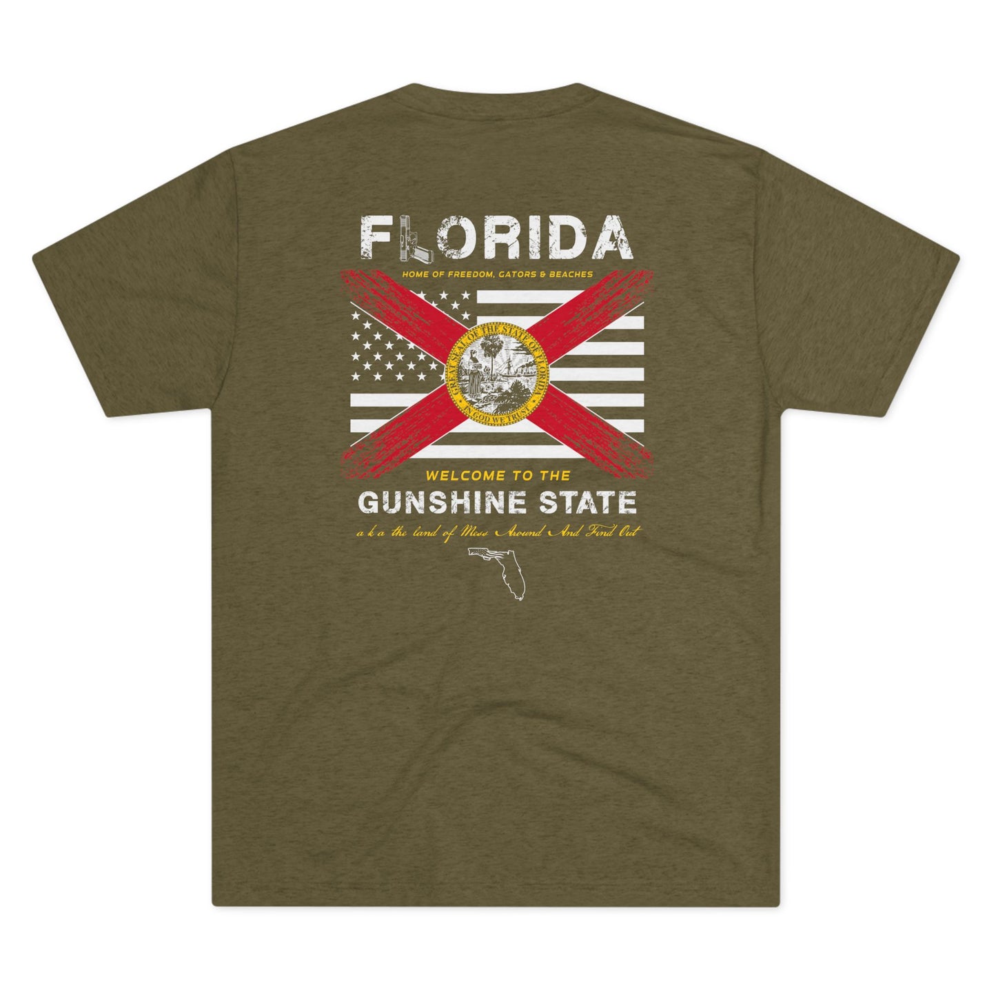 Florida Home of the Gunshine State aka the Land of Mess Around and Find Out American and Florida Flag Unisex Tri-Blend Crew Tee