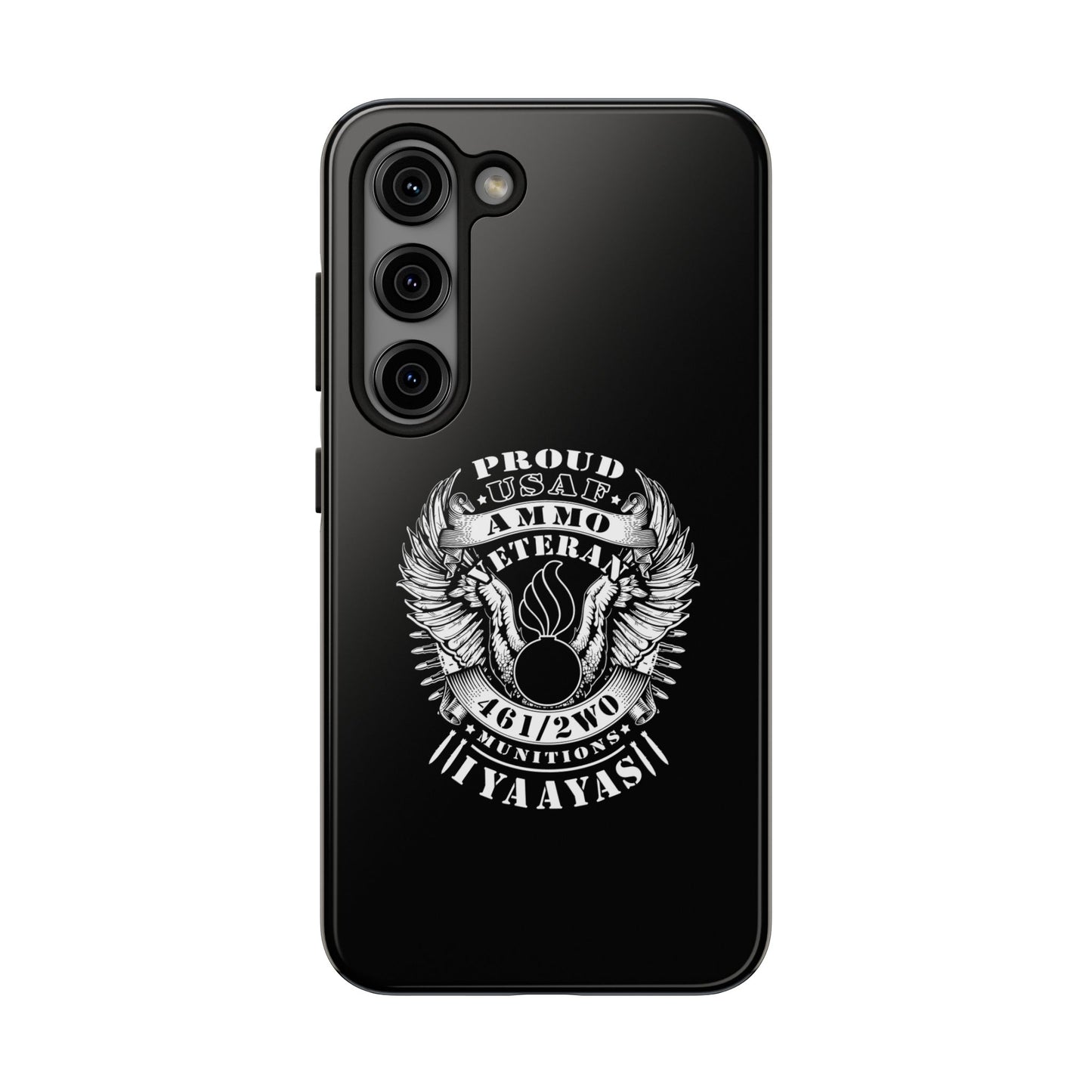 Proud USAF AMMO Veteran 461 2W0 Munitions IYAAYAS Pisspot Eagle Wings Vintage Ribbon Scrolls Black Background Tough Phone Cases