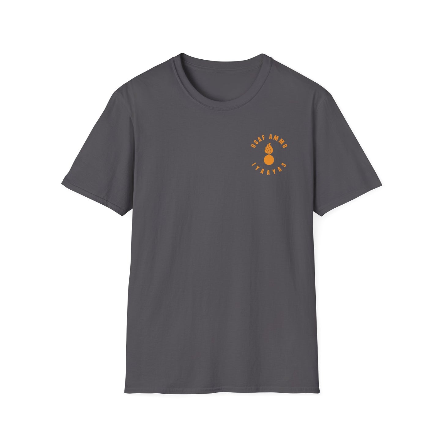 Four Bombs Dropping Spelling USAF AMMO with IYAAYAS and Two Pisspots at the Bottom Back and Front Design Version Unisex Softstyle T-Shirt