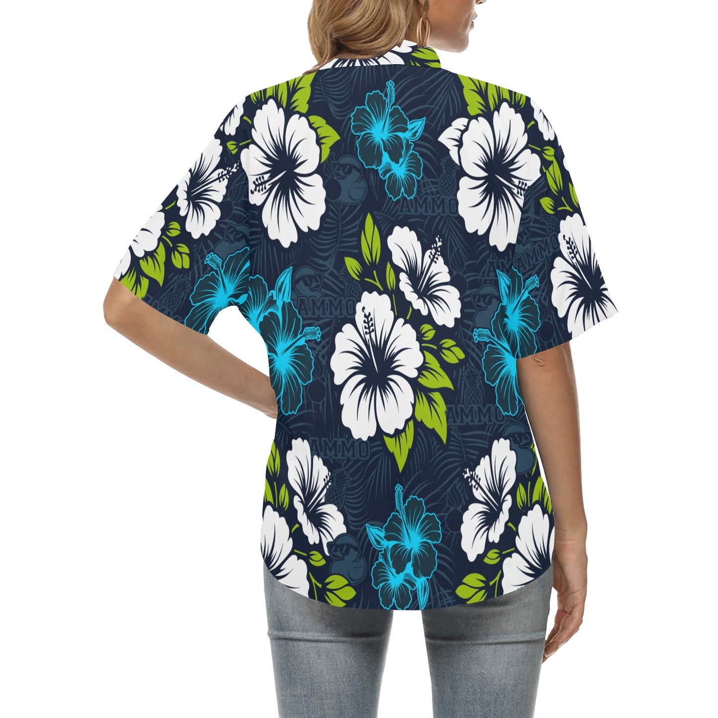 Deep Blue With Bright Flowers Pisspots AMMO Pineapples and Rubber Duckies Womens Version Hawaiian Shirt
