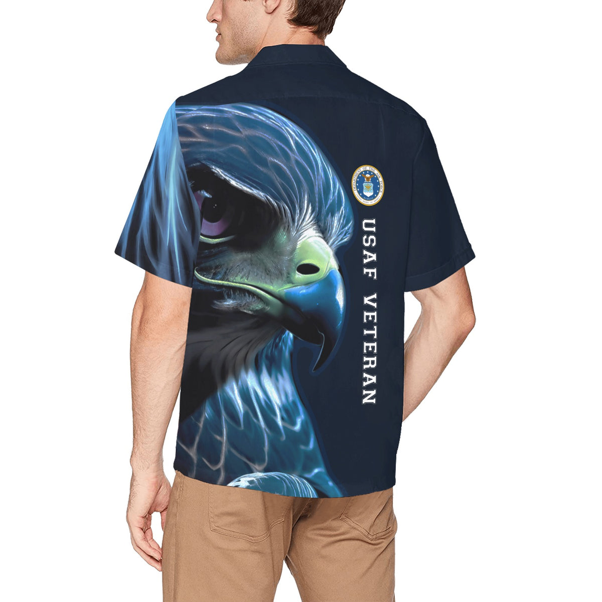 USAF Veteran Air Force Falcon with Basic AF Logo Mens Hawaiian Shirt With Left Chest Pocket