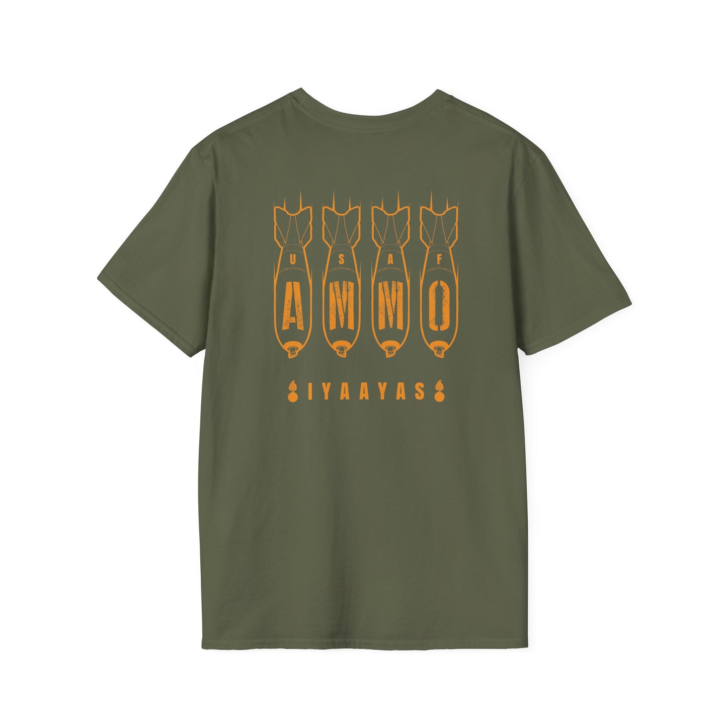 Four Bombs Dropping Spelling USAF AMMO with IYAAYAS and Two Pisspots at the Bottom Back and Front Design Version Unisex Softstyle T-Shirt
