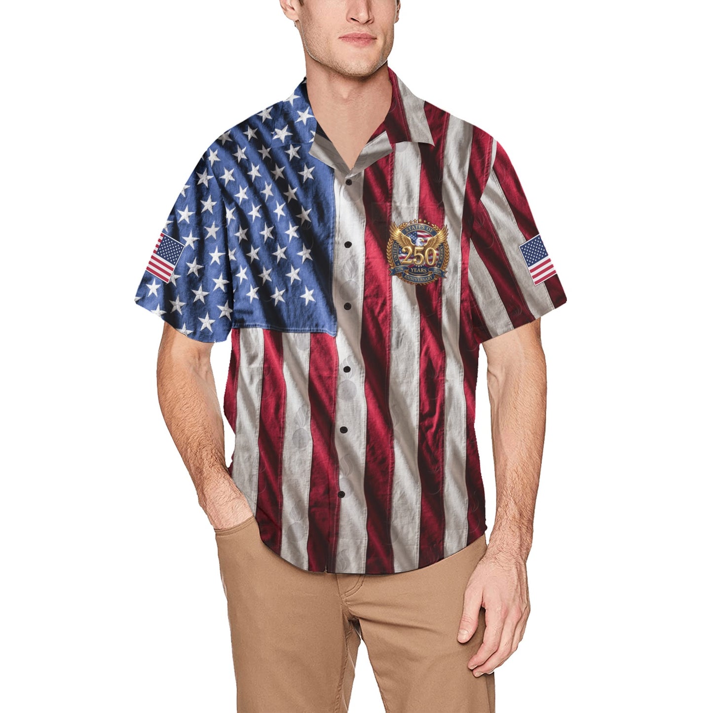 USA 250th Anniversary Freedom American Flags and Gold Eagle Logo with Subdued Pisspots Hawaiian Shirt With Left Chest Pocket