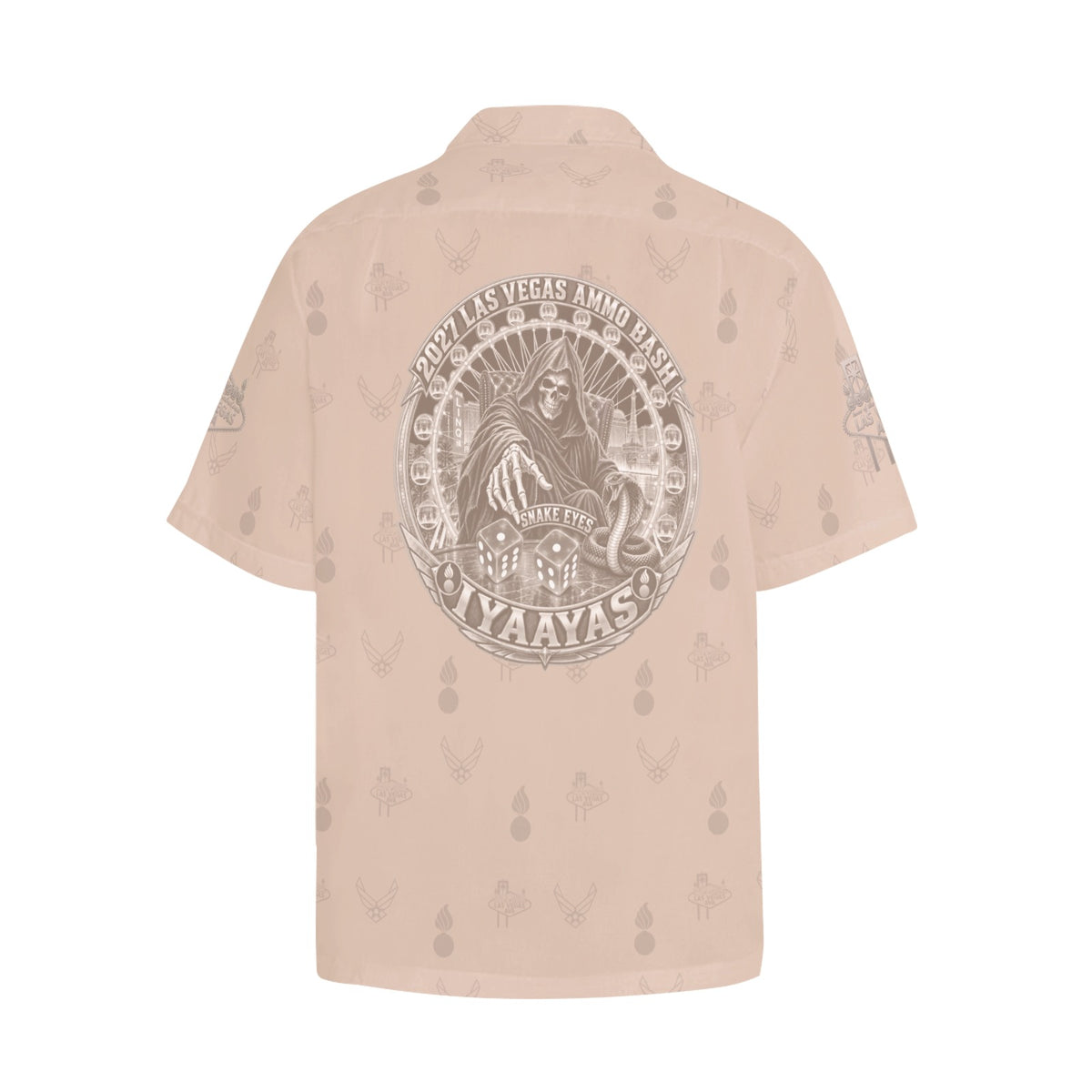 2027 AMMO Bash Las Vegas Grim Reaper Snake Eyes Sand Subdued Color Logos Men’s Hawaiian Shirt with Left Chest Pocket