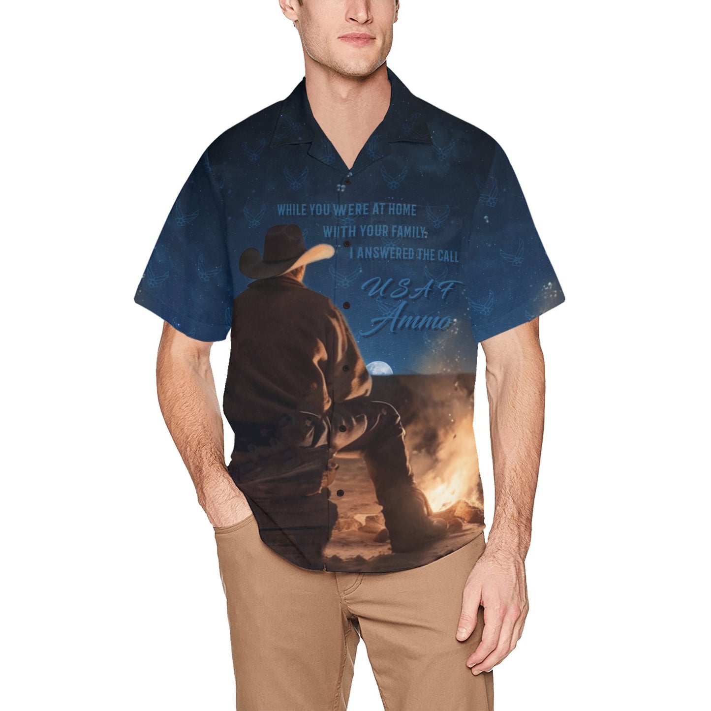 USAF AMMO Cowboy Campfire Moon Star Filled Night Sky I Answered The Call Mens Hawaiian Shirt With Left Chest Pocket