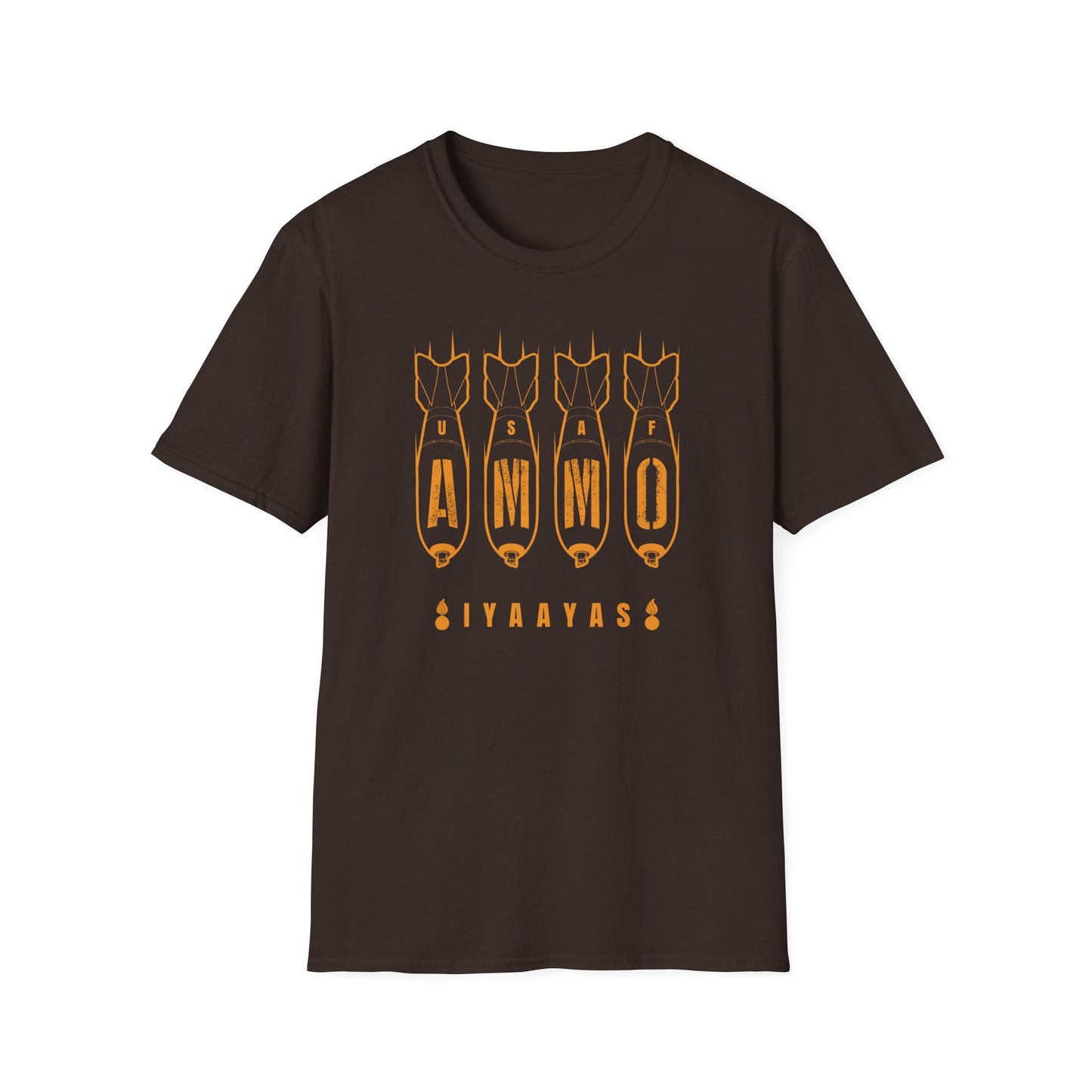 Four Bombs Dropping Spelling USAF AMMO with IYAAYAS and Two Pisspots at the Bottom Unisex Softstyle T-Shirt