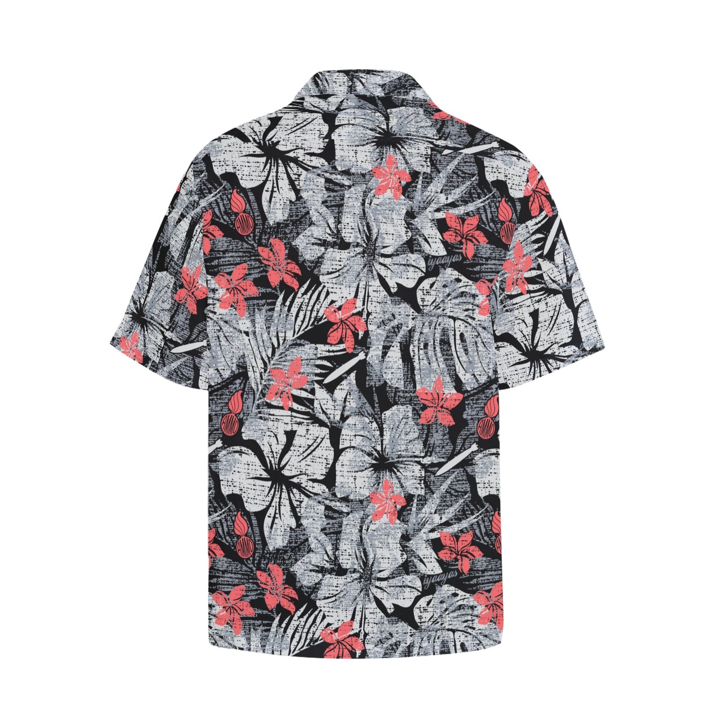 Black Grey and Light Red Flowers Leaves and Pisspot Mens Hawaiian Shirt With Front Left Chest Pocket