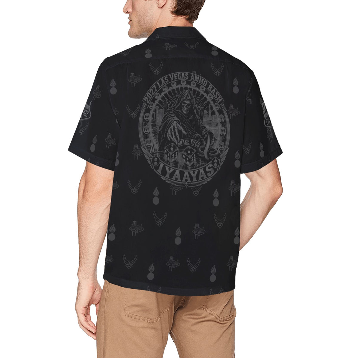2027 AMMO Bash Las Vegas Grim Reaper Snake Eyes Black Subdued Logos Men’s Hawaiian Shirt with Left Chest Pocket