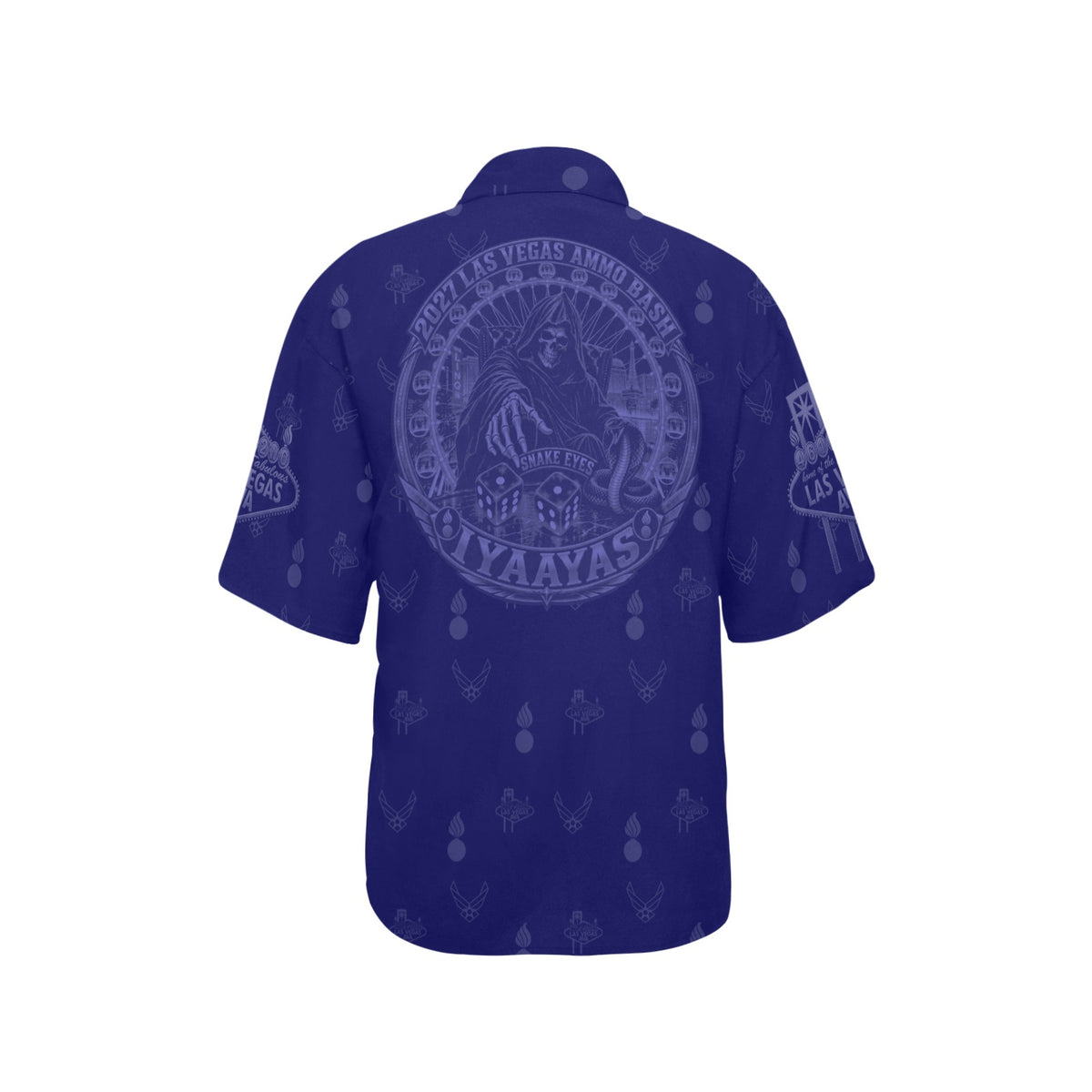 2027 AMMO Bash Las Vegas Grim Reaper Snake Eyes Navy Blue Subdued Color Logos Women’s Hawaiian Shirt with No Pocket