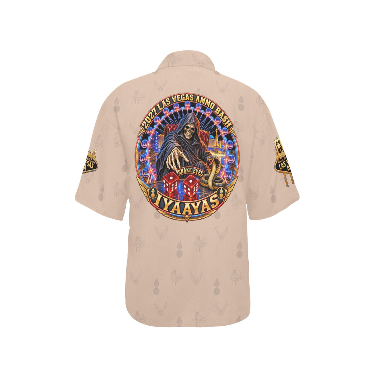 2027 AMMO Bash Las Vegas Grim Reaper Snake Eyes Sand Full Color Logos Women’s Hawaiian Shirt with No Pocket