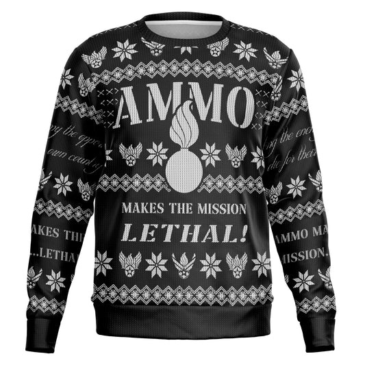 AMMO Makes The Mission Lethal Christmas Party Pisspot Placard Black and White Sweatshirt