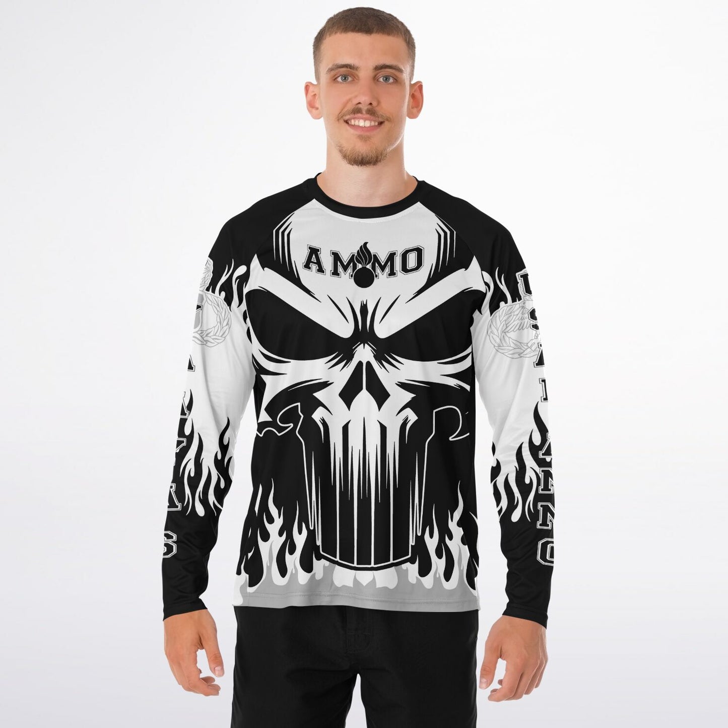 AMMO Skull Flames Black White Grey Men's Long Sleeve Performance Shirt - All Over Print