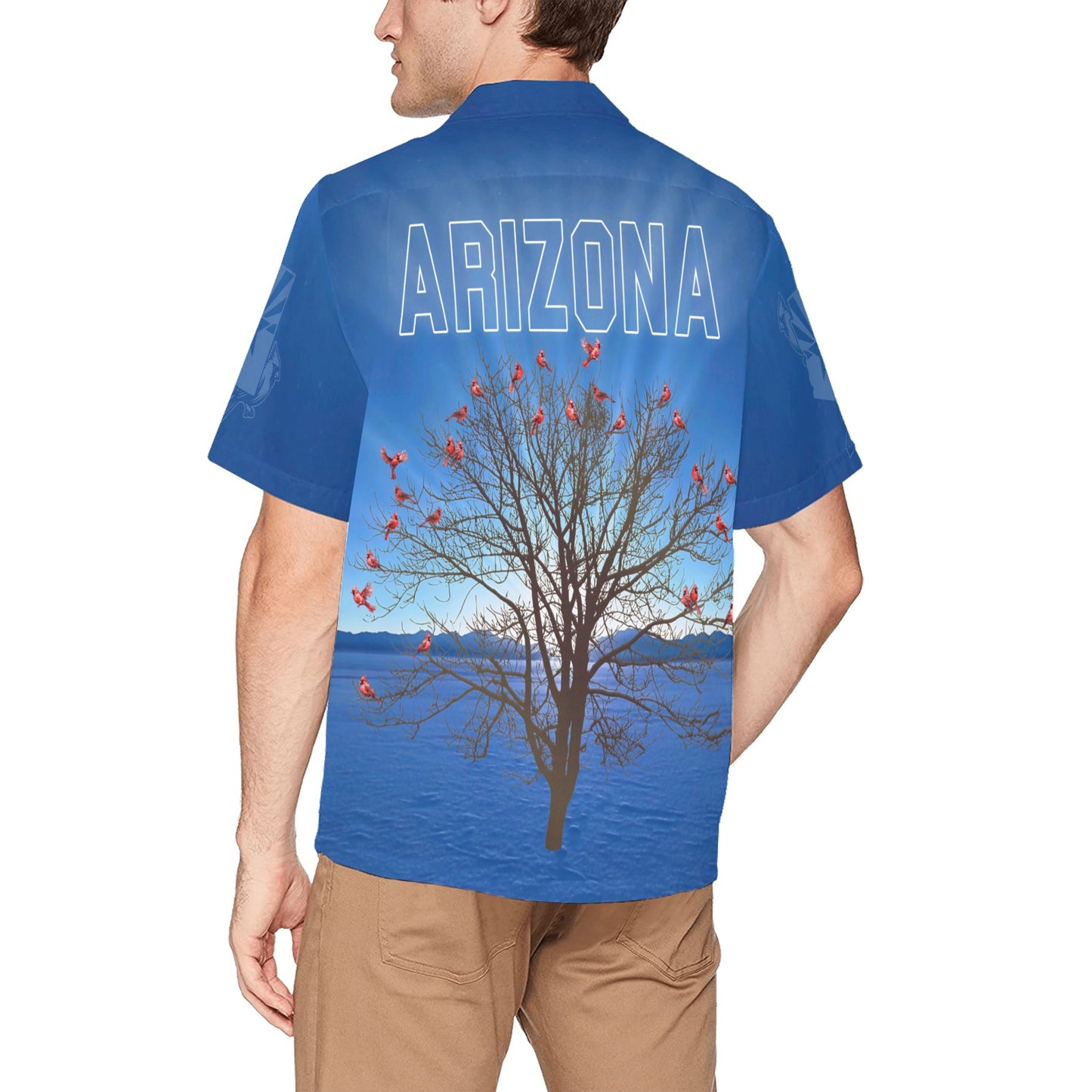 Blue Sky Arizona Sunrise with Mesquite Tree Full of Red Cardinals Hawaiian Shirt With Left Chest Pocket