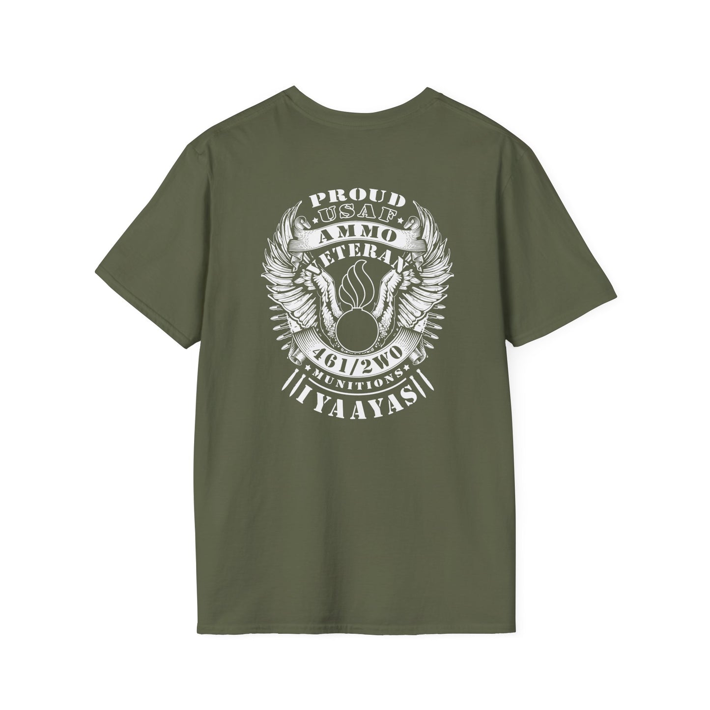 Proud USAF AMMO Veteran 461 2W0 Munitions IYAAYAS Pisspot Eagle Wings Vintage Scroll Ribbons Unisex Softstyle T-Shirt