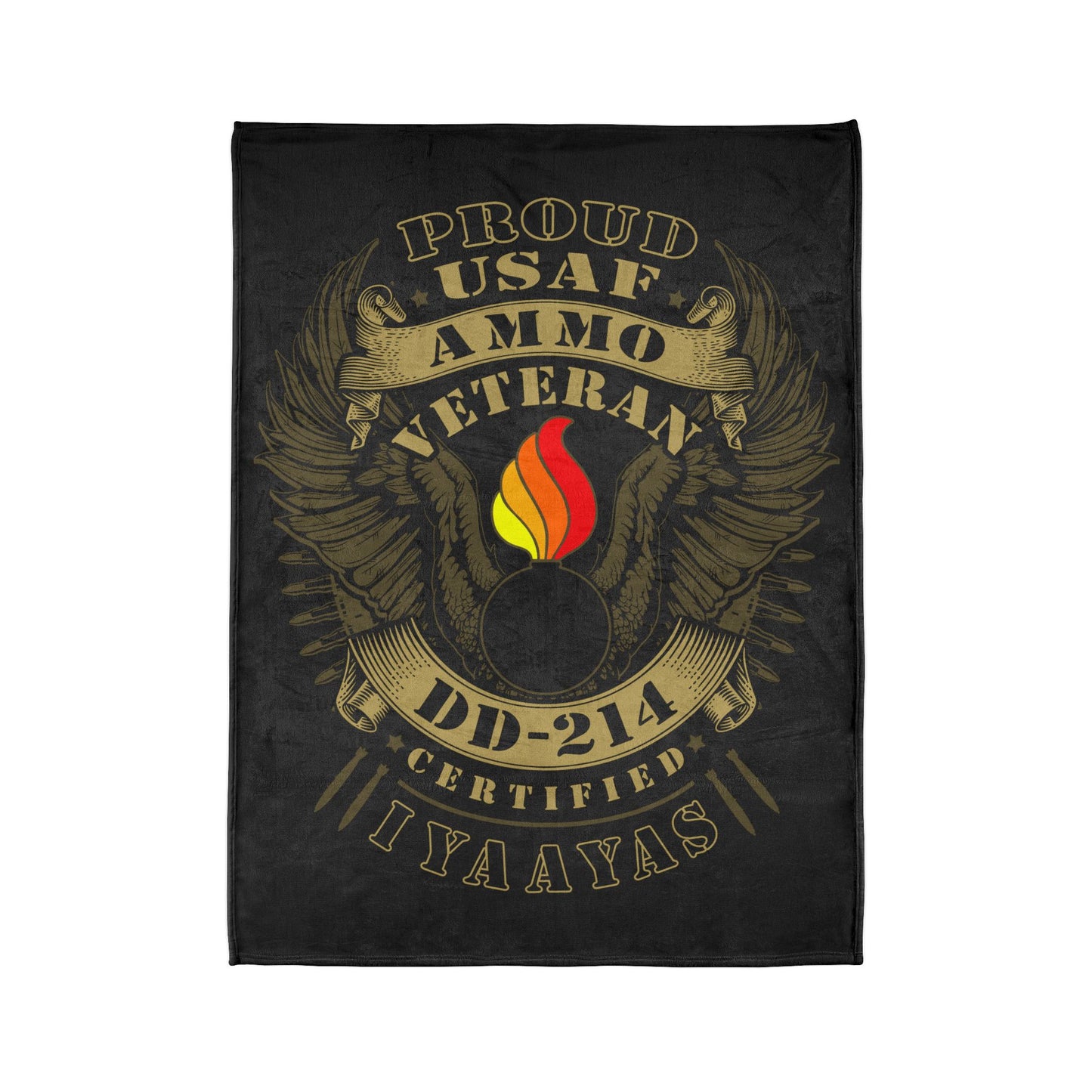 Proud USAF AMMO Veteran DD-214 Certified IYAAYAS Pisspot Eagle Wings Vintage Scroll Ribbons Bomb Silhouettes Soft Polyester 60" X 80" Blanket