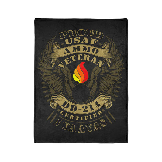 Proud USAF AMMO Veteran DD-214 Certified IYAAYAS Pisspot Eagle Wings Vintage Scroll Ribbons Bomb Silhouettes Soft Polyester 60" X 80" Blanket