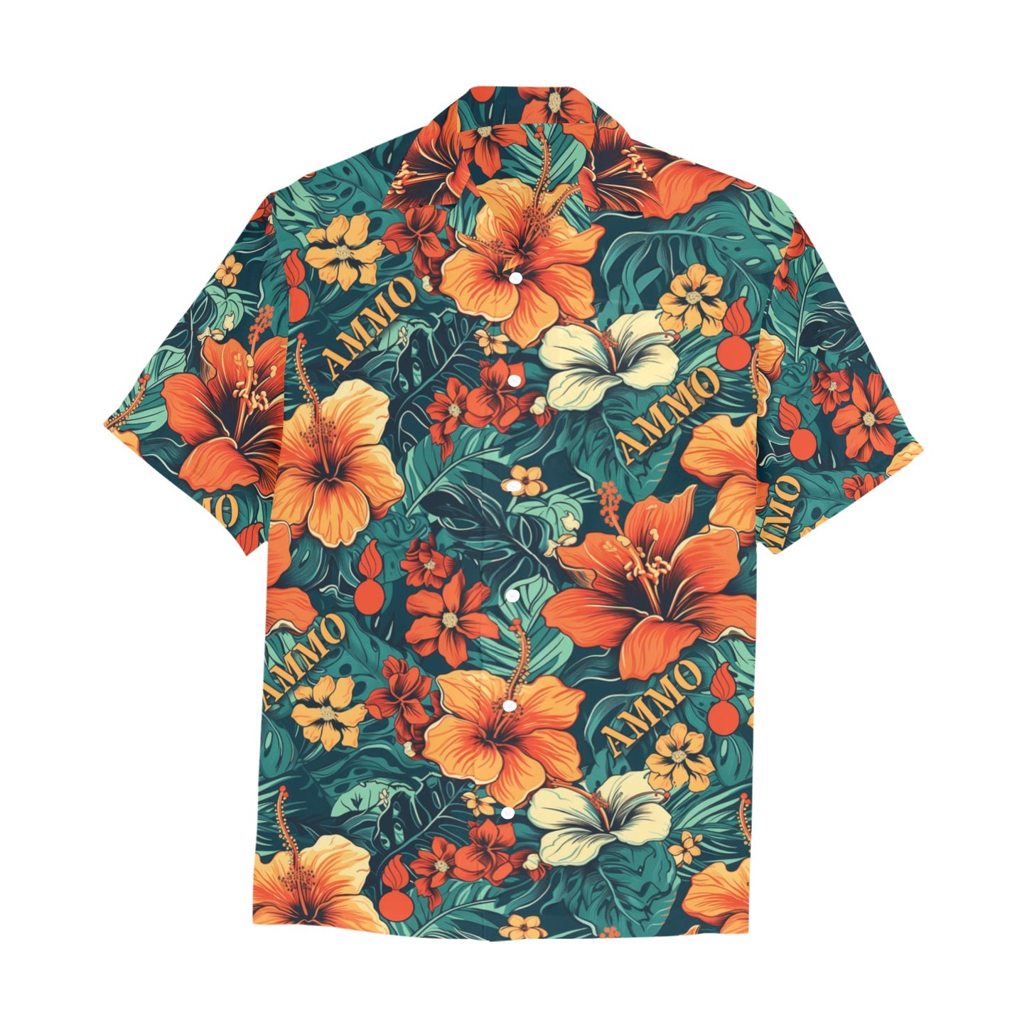 Orange Flowers With Green Leaves Pisspots and Word AMMO Mens Hawaiian Shirt With Left Chest Pocket