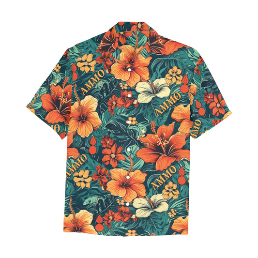 Orange Flowers With Green Leaves Pisspots and Word AMMO Mens Hawaiian Shirt With Left Chest Pocket