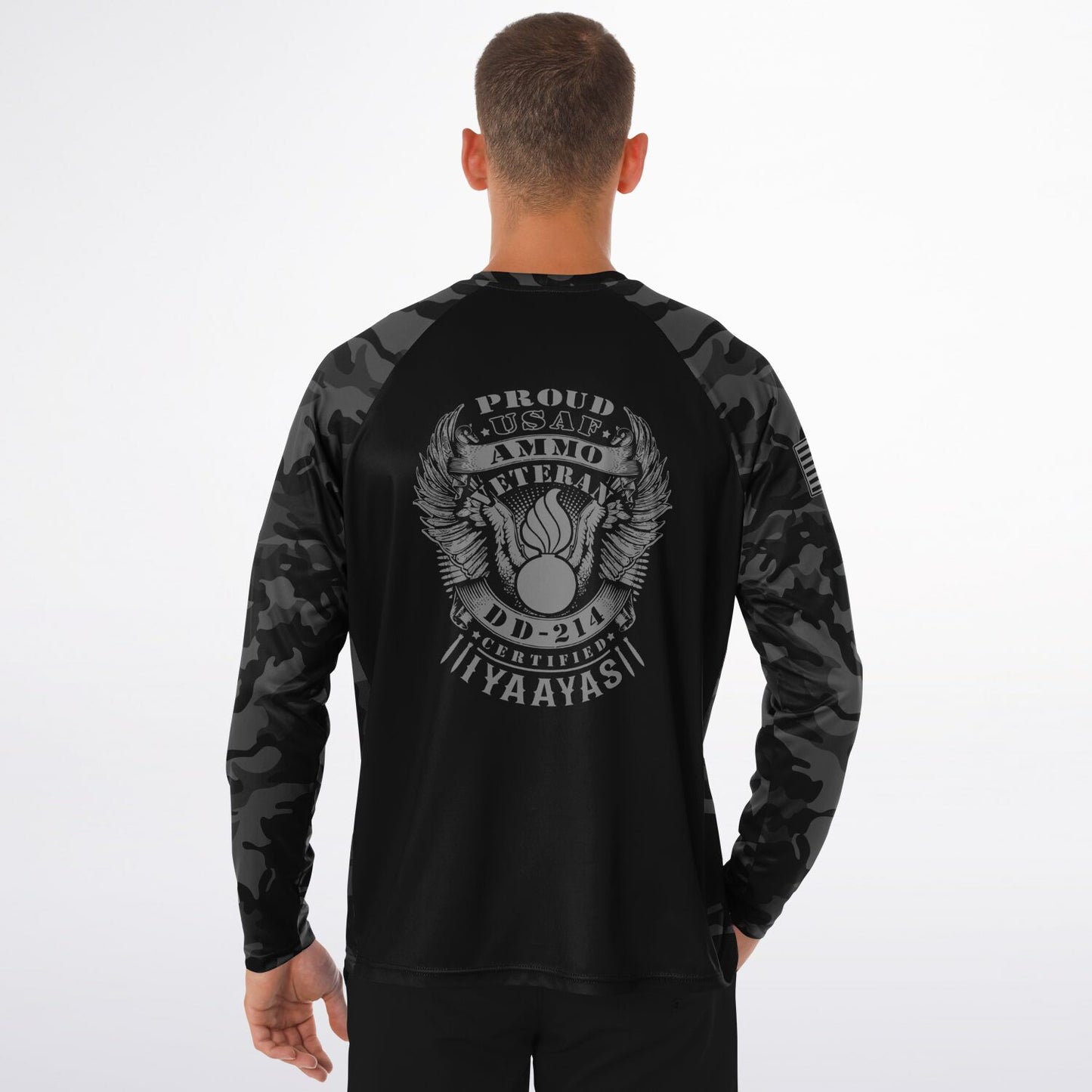 USAF AMMO Veteran Dark Grey and Black Camouflage Men's Long Sleeve Performance Shirt - All Over Print