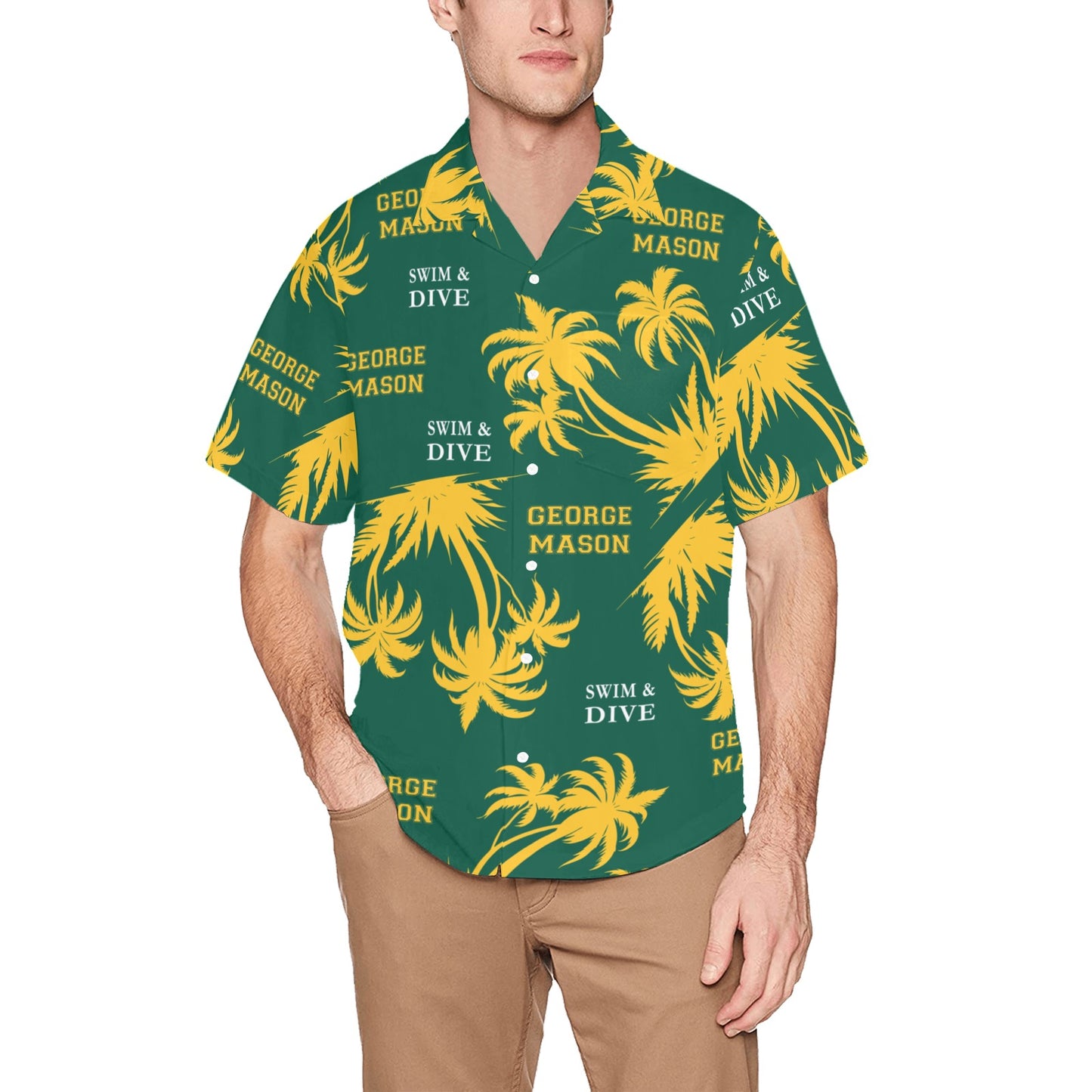Green and Yellow George Mason Swim and Dive Team Fan Mens Hawaiian Shirt With Front Left Chest Pocket