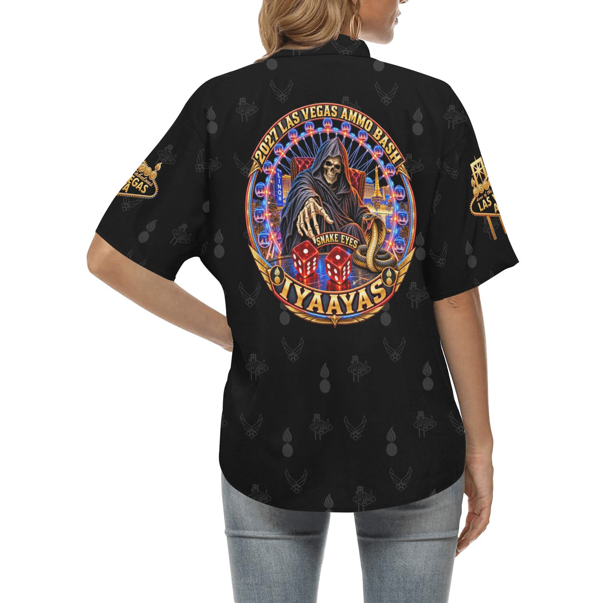 2027 AMMO Bash Las Vegas Grim Reaper Snake Eyes Black Full Color Logos Women’s Hawaiian Shirt with No Pocket