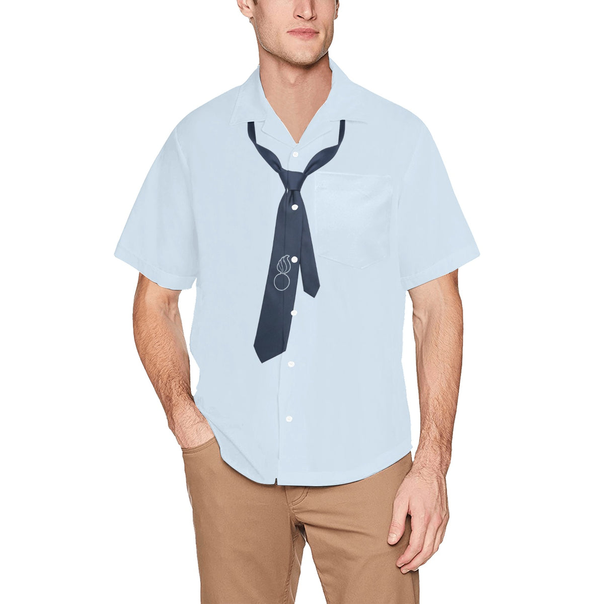 Blues Colored Shirt With Dark Blue Crooked Loosened Tie with Pisspot On It Hawaiian Shirt With Left Chest Pocket