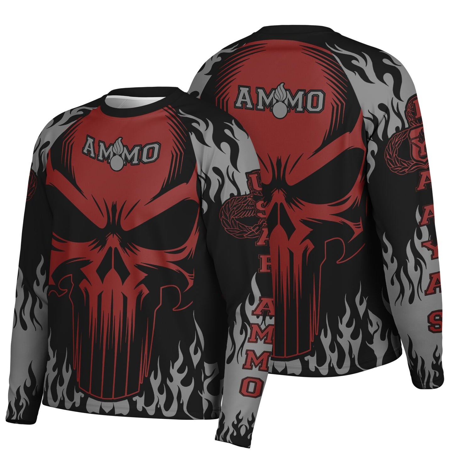 AMMO Skull Flames Black Red Grey Men's Long Sleeve Performance Shirt - All Over Print