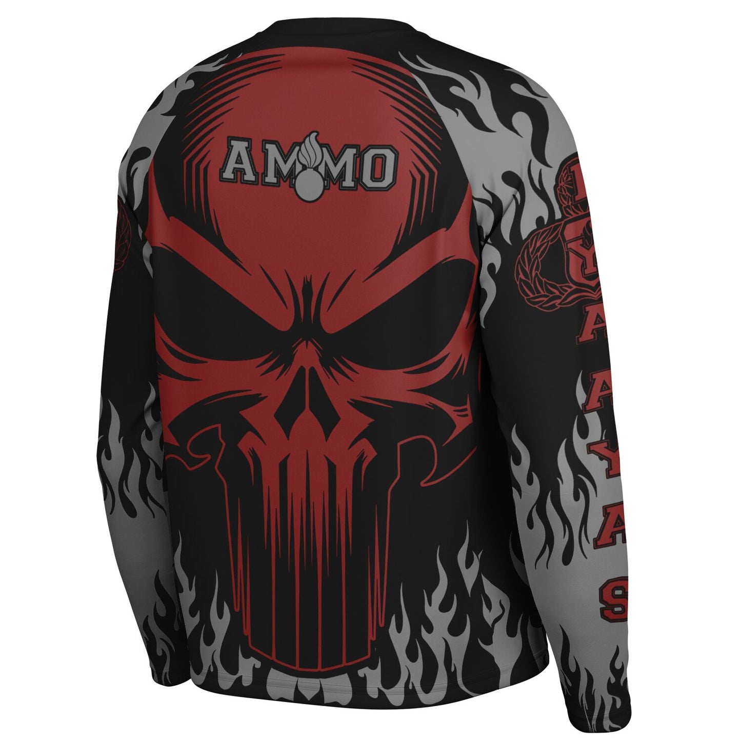 AMMO Skull Flames Black Red Grey Men's Long Sleeve Performance Shirt - All Over Print