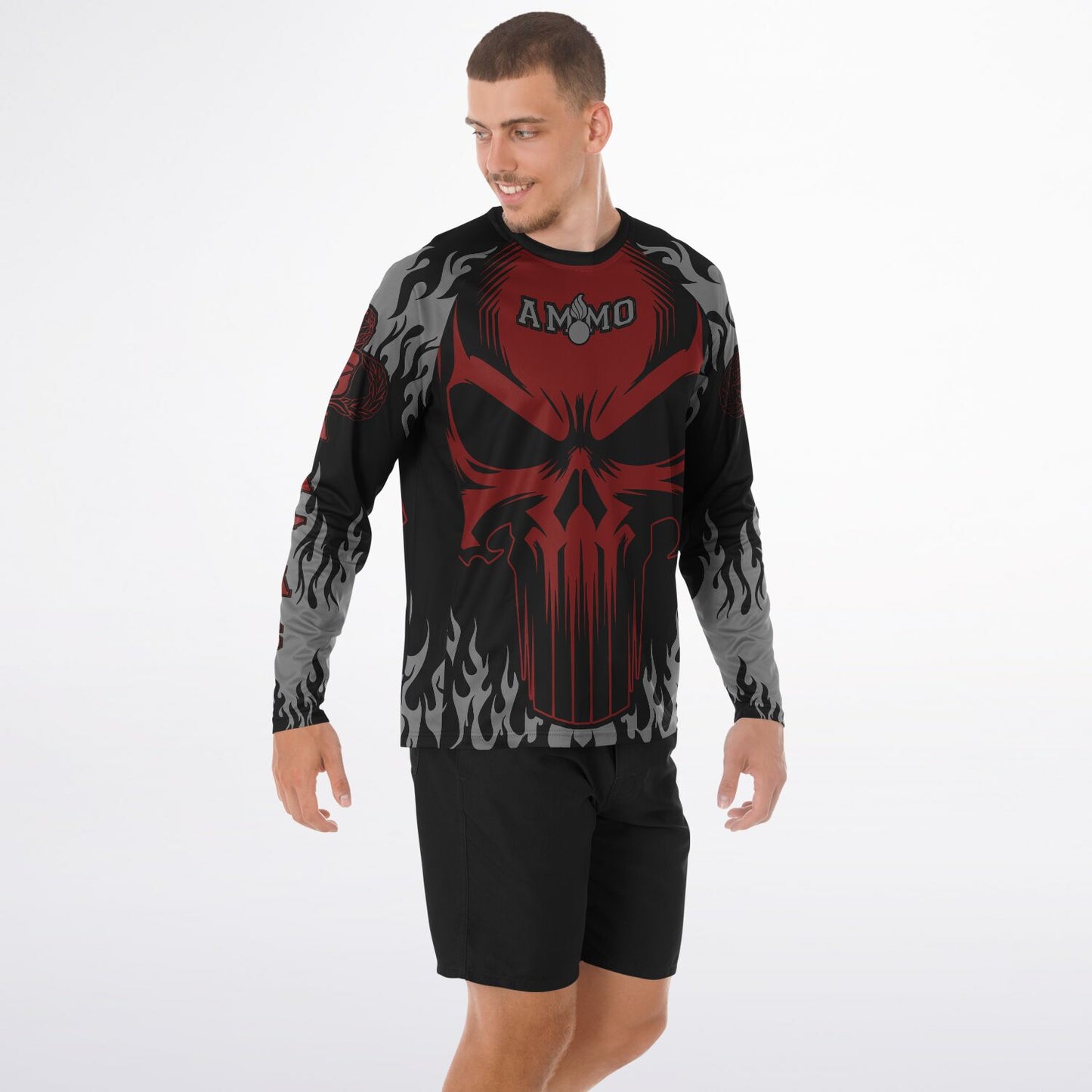 AMMO Skull Flames Black Red Grey Men's Long Sleeve Performance Shirt - All Over Print