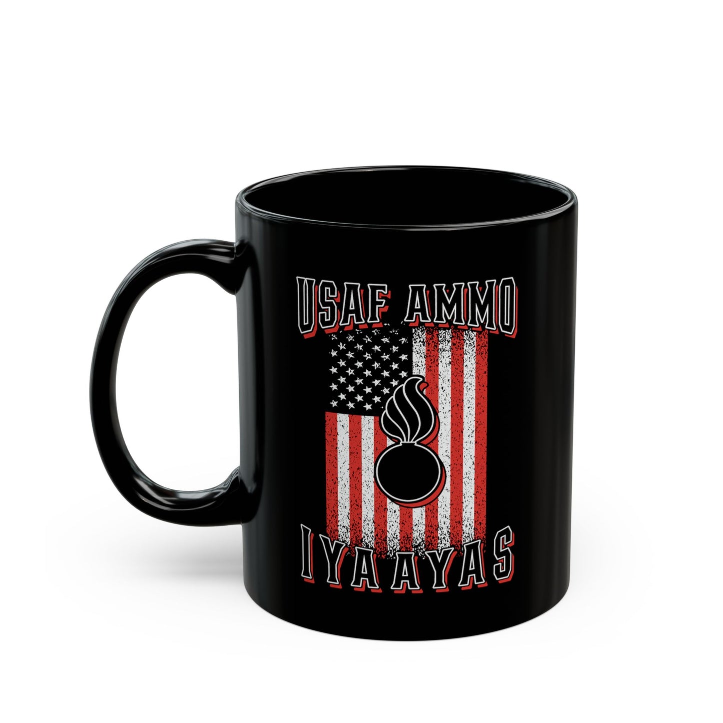 USAF AMMO IYAAYAS Pisspot Red White and Black Grunge Vertical American Flag Black Mug (11oz, 15oz)