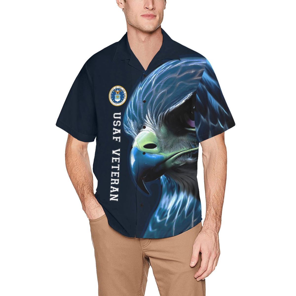 USAF Veteran Air Force Falcon with Basic AF Logo Mens Hawaiian Shirt With Left Chest Pocket