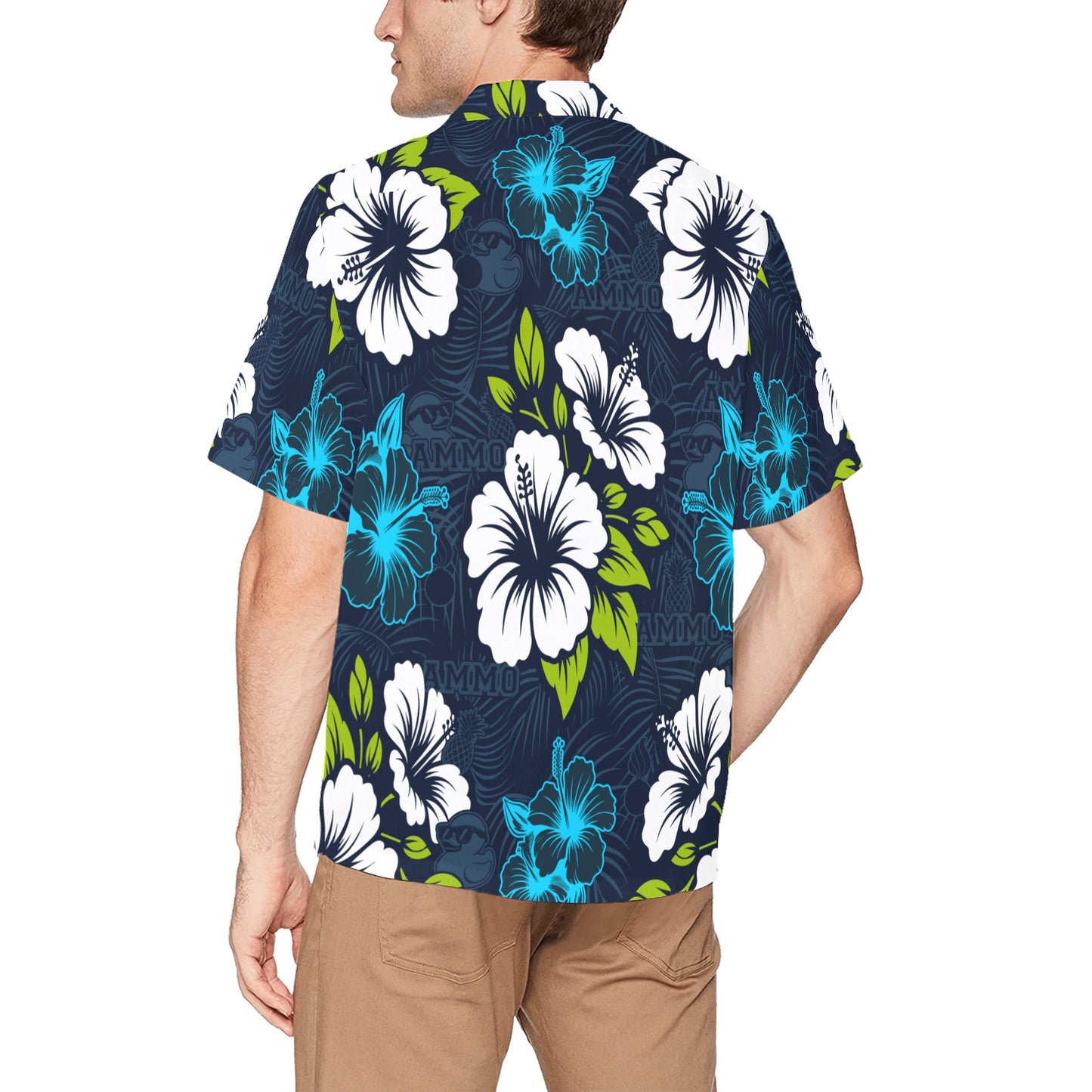 Deep Blue With Bright Flowers Pisspots AMMO Pineapples and Rubber Duckies Hawaiian Shirt With Left Chest Pocket