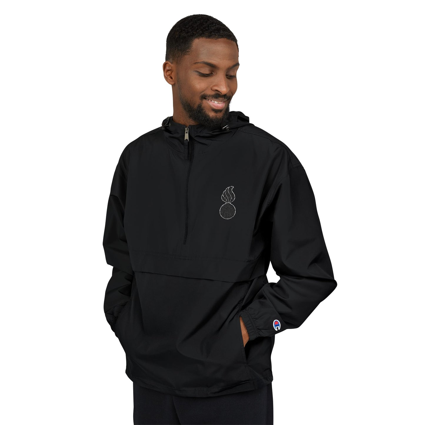AMMO Pisspot Black With White Border Embroidered Champion Unisex Packable Anorak Jacket
