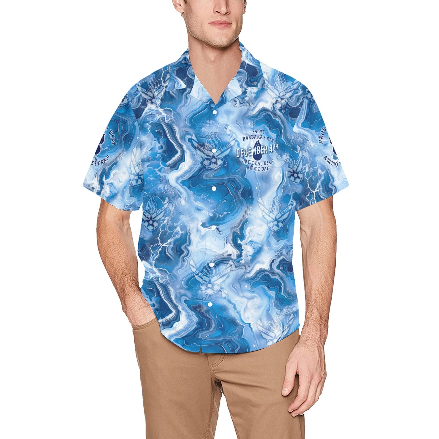 National USAF AMMO and Saint Barbara's Day December 4th Mens Marble Blue Hawaiian Shirt With Left Chest Pocket