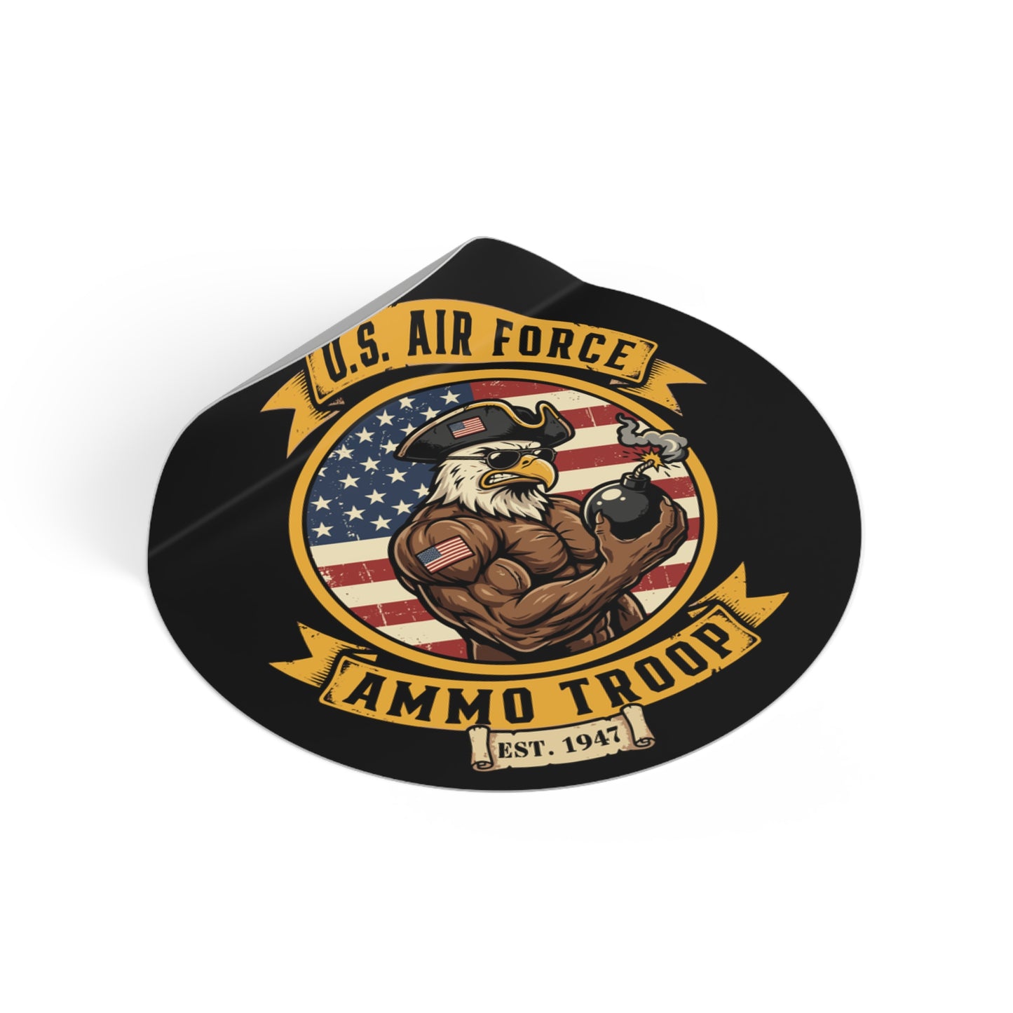 US Air Force AMMO Troop Muscular Eagle Holding Flaming Pisspot American Flag Round Vinyl Stickers
