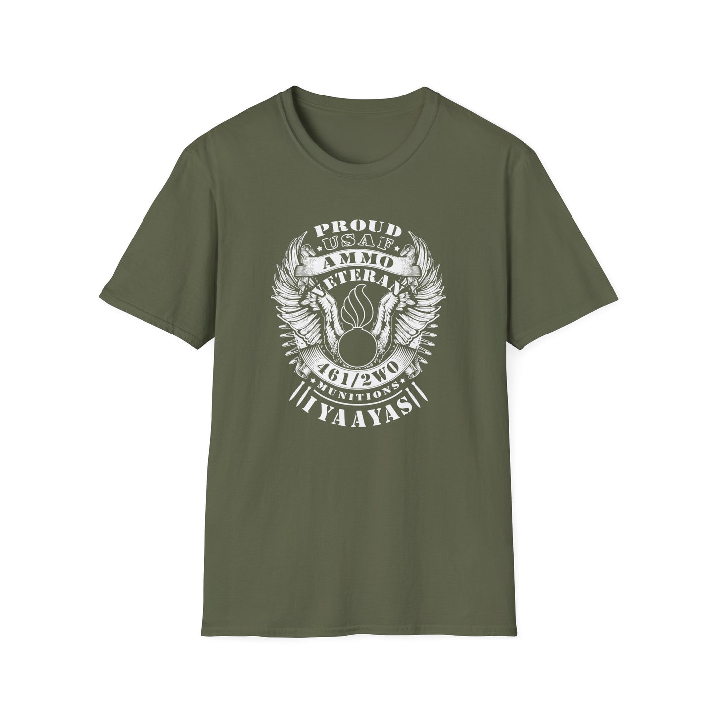 Proud USAF AMMO Veteran 461 2W0 Munitions IYAAYAS Pisspot Eagle Wings Vintage Scroll Ribbons Unisex Softstyle T-Shirt