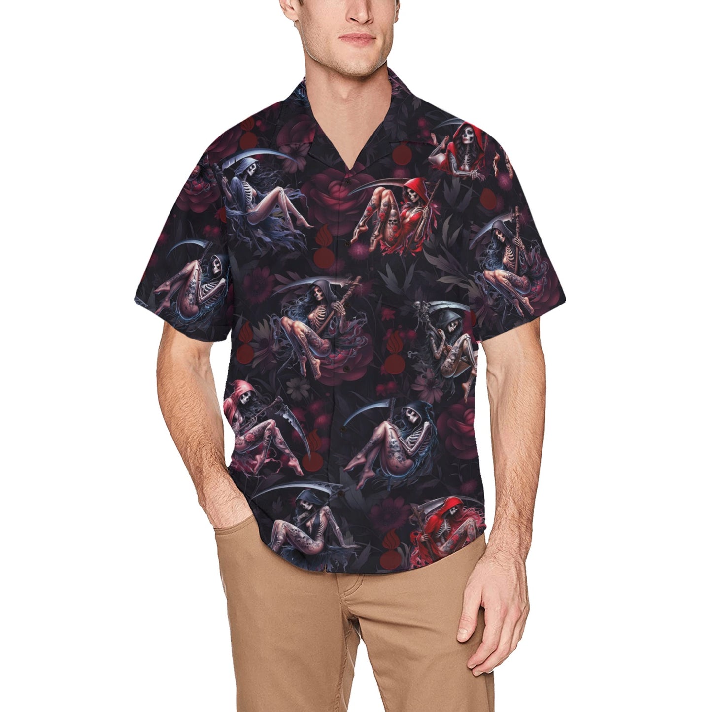 USAF AMMO Female Grim Reapers Flowers and Pisspots Mens Hawaiian Shirt With Left Chest Pocket