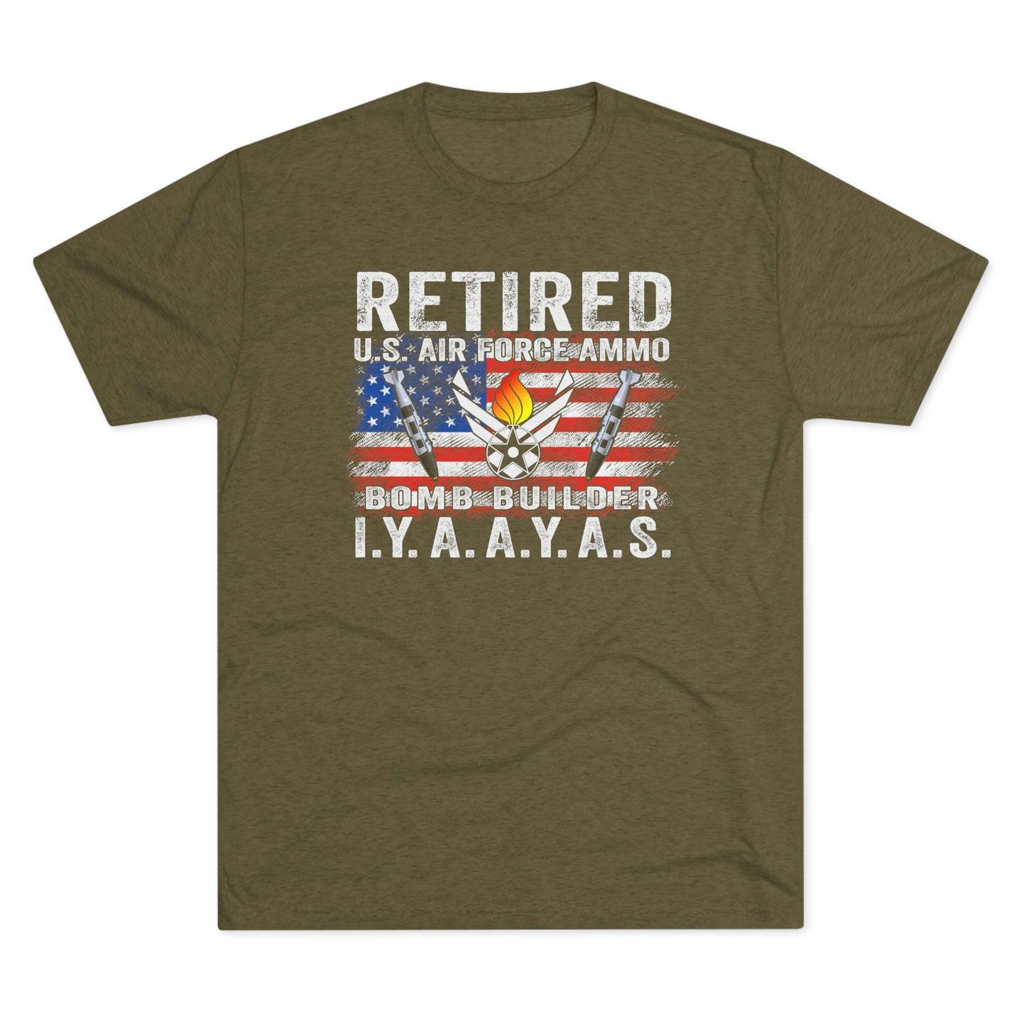 Retired USAF AMMO Bomb Builder IYAAYAS Grunge Denim American Flag AF Vector Pisspot Combined JDAMS Unisex Tri-Blend Crew Tee