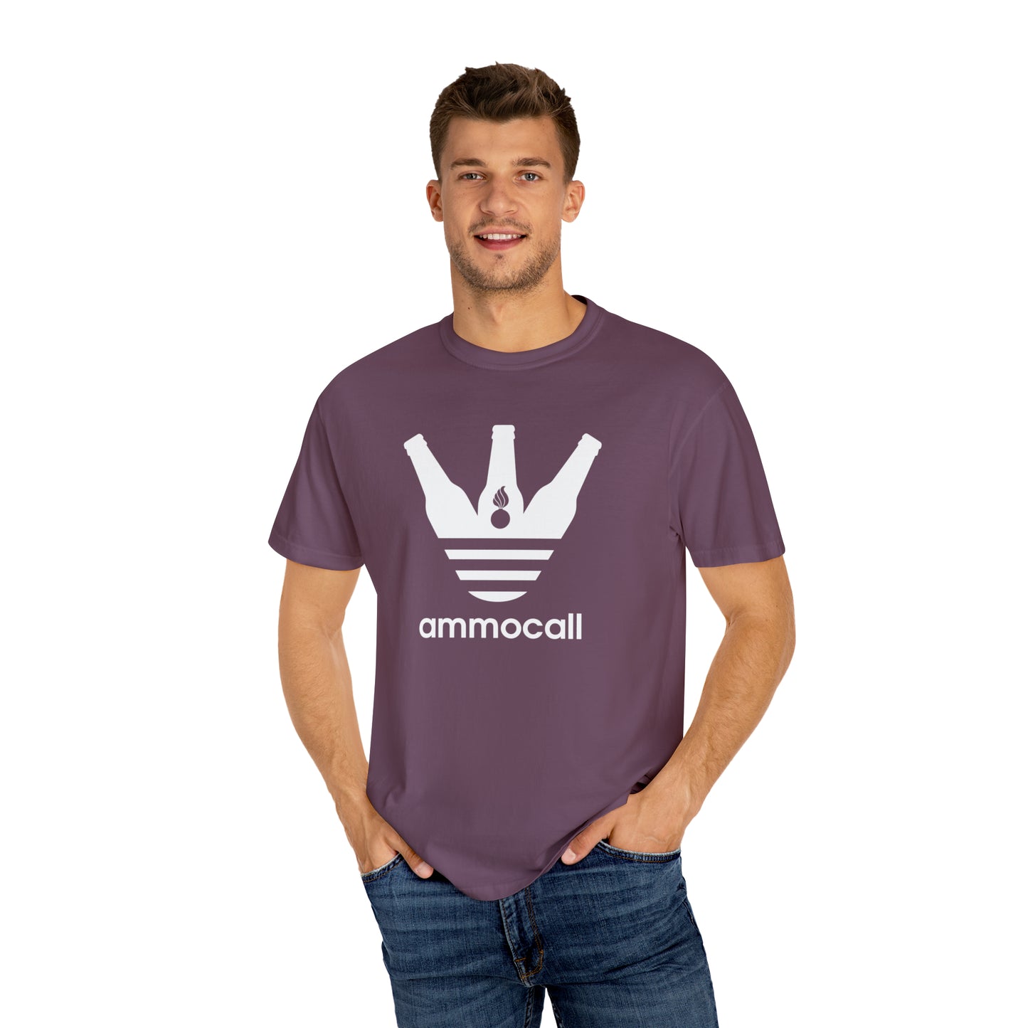 AMMO Call Three Beer Bottles With A Pisspot and Three Stripes Parody Logo Unisex Garment-Dyed T-shirt