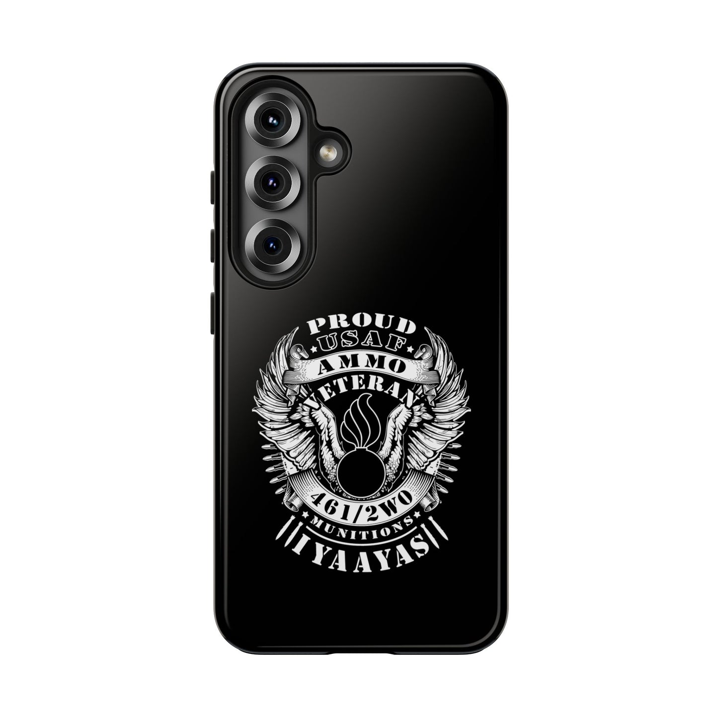 Proud USAF AMMO Veteran 461 2W0 Munitions IYAAYAS Pisspot Eagle Wings Vintage Ribbon Scrolls Black Background Tough Phone Cases