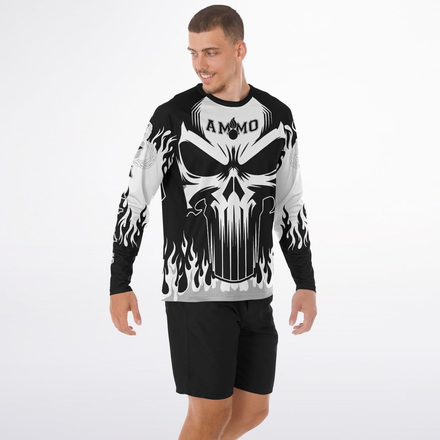 AMMO Skull Flames Black White Grey Men's Long Sleeve Performance Shirt - All Over Print