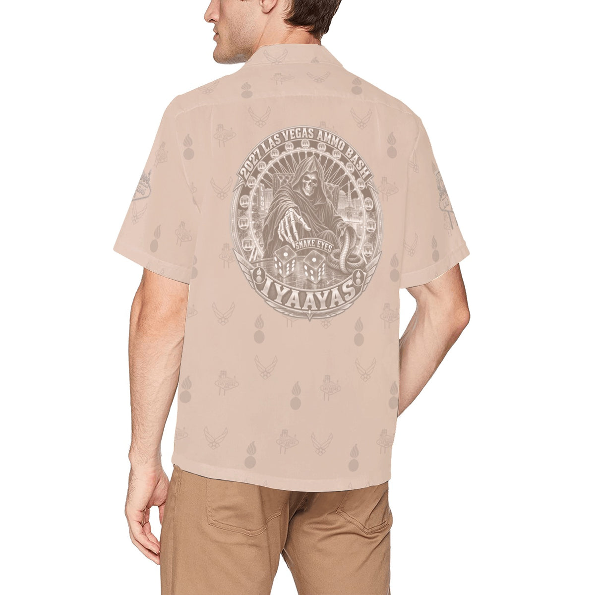 2027 AMMO Bash Las Vegas Grim Reaper Snake Eyes Sand Subdued Color Logos Men’s Hawaiian Shirt with Left Chest Pocket