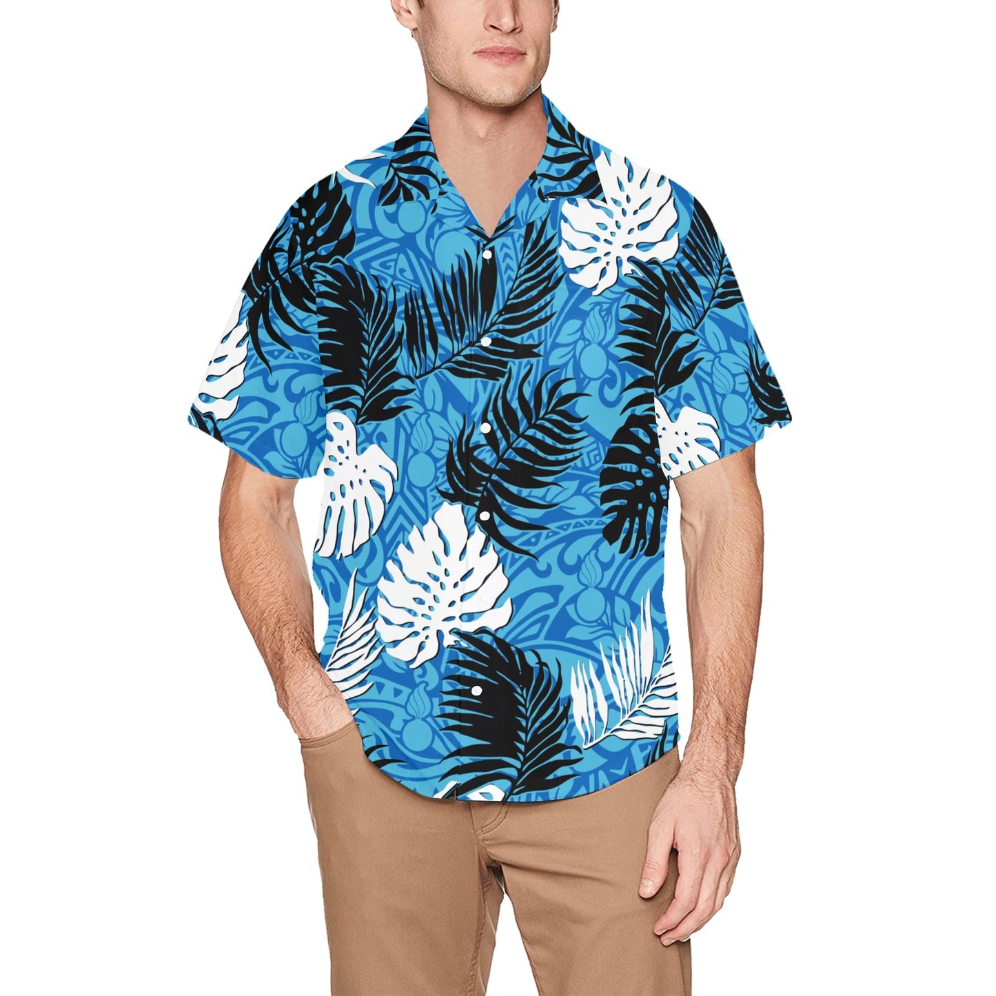 USAF AMMO Two Tone Blue Tribal With Pisspots and White and Black Leaves AMMO Hawaiian Shirt With Front Left Chest Pocket